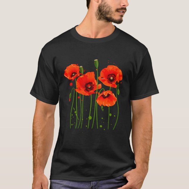 Röda vallmoblommor  växter med vattenfärg t shirt (Framsida)