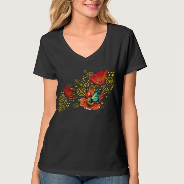 Röda vallmor med blåttfjärilen t-shirt (Framsida)