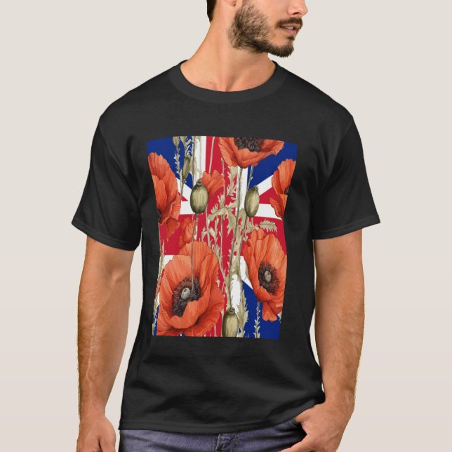 Röda vallmor med Union Jack-bakgrund T Shirt (Framsida)