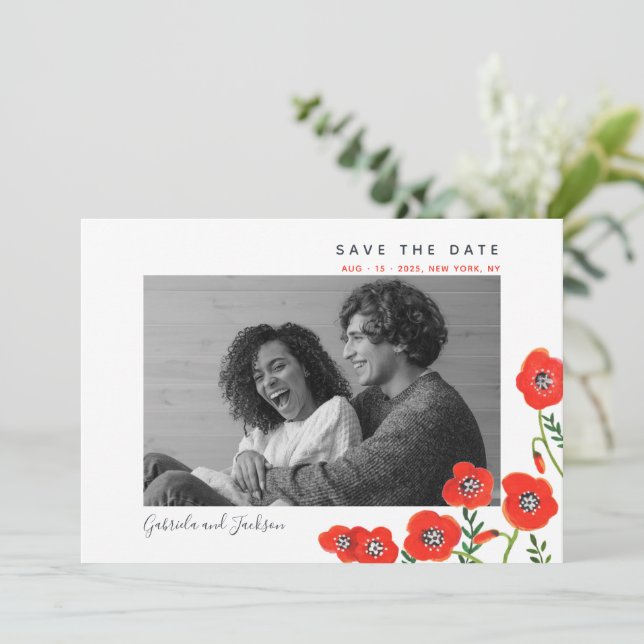 Röda vallmor modern blomsterbröllop save the date spara datumet (Stående Fram)