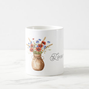 Röda vallmos blåa blommor kaffemugg