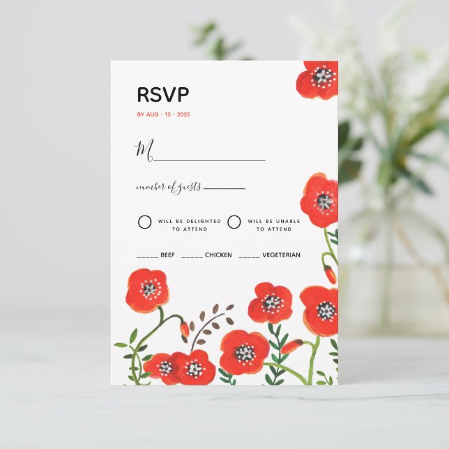Röda vallmos moderna blomsterbröllopsinbjudan OSA kort (Stående Fram)