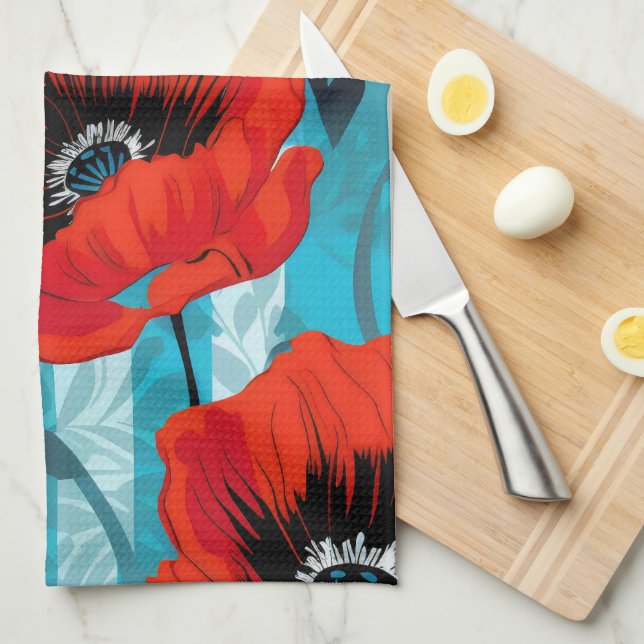 Röda vallmos och blåa ränder kökshandduk (Vikt i Fjärdedel)