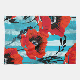 Röda vallmos och blåa ränder kökshandduk