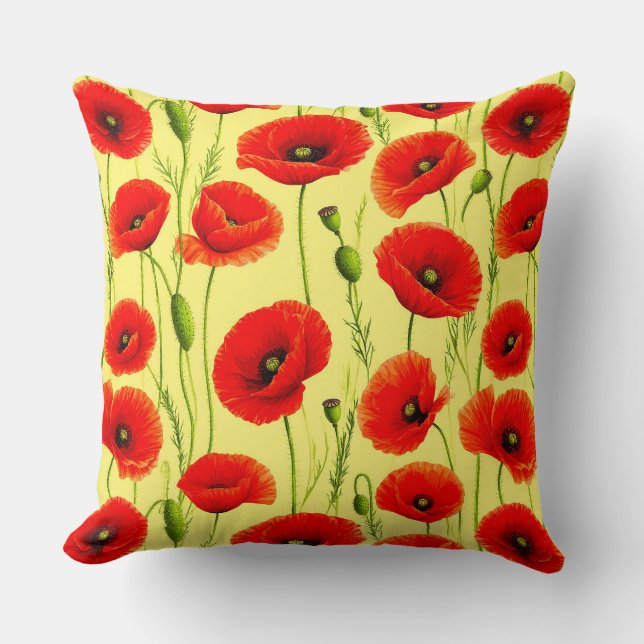 Röda vallmos och gröna stjälkar kudde (Framsida)