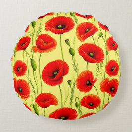 Röda vallmos och gröna stjälkar rund kudde