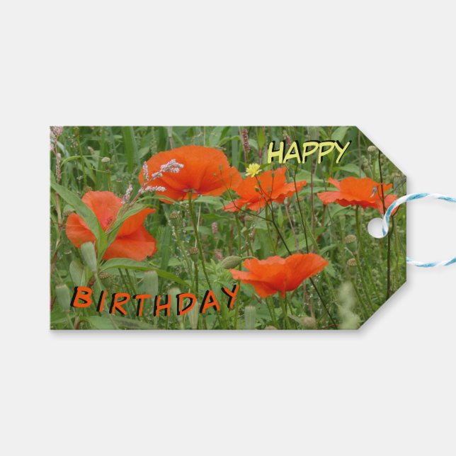Röda vallmos Vilda blommor Lycklig födelsedag pres Presentetikett (Framsidan (Horisontell))