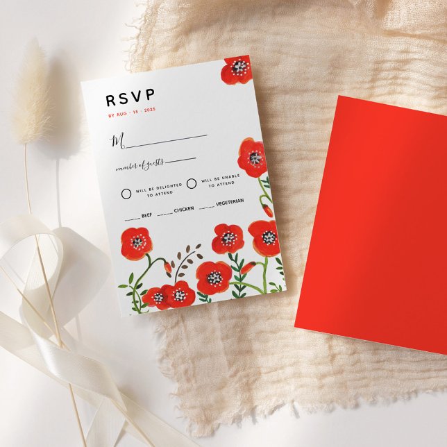 Röda vallmosor modern blomsterbröllop RSVP-kort OSA Kort (Red poppies modern floral wedding RSVP Card)
