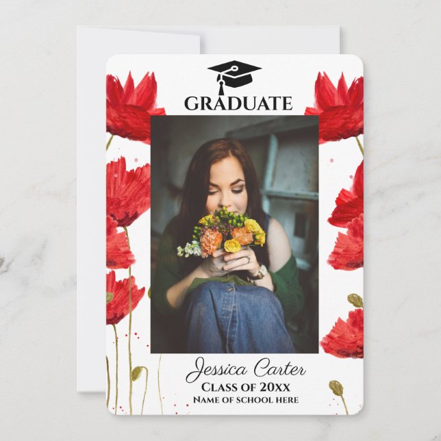 Röda vallmosor Rustik blomster examensannonsering  Inbjudningar (Framsida)