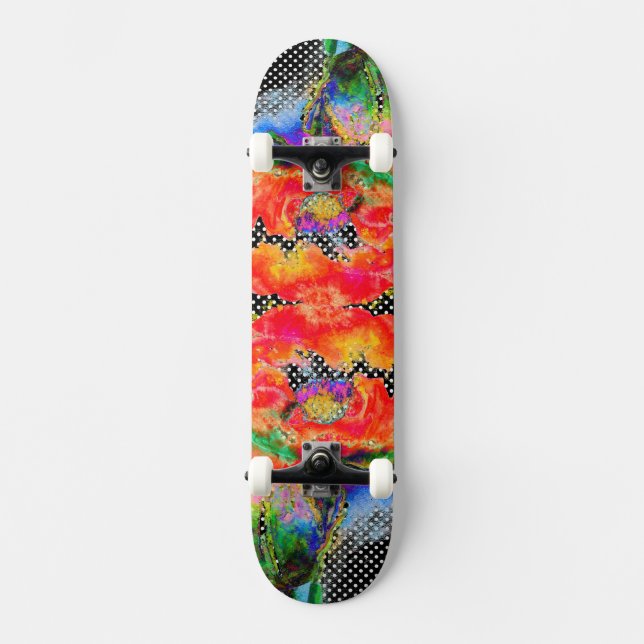 Röda vallmosvarta och vita polkadoter skateboard bräda 19,5 cm (Framsida)