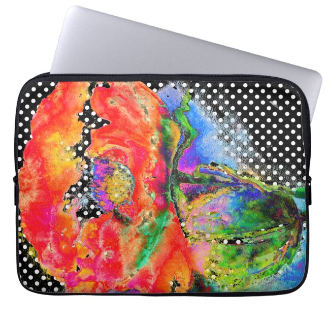 Röda vallmosvarta och vita polkaminer laptop fodral (Framsidan)