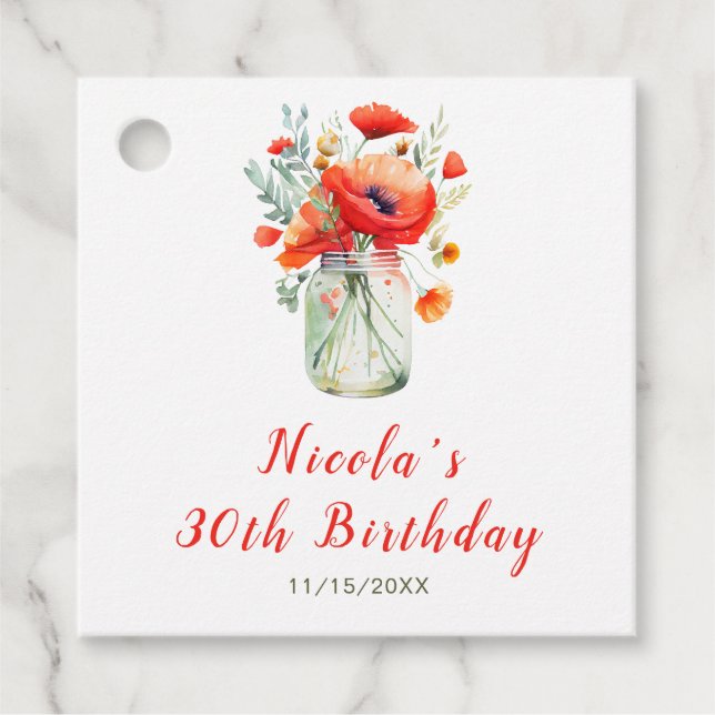Röda vallmoväxter Murad glasburk Födelsedag Gåvor Etiketter (Framsida)