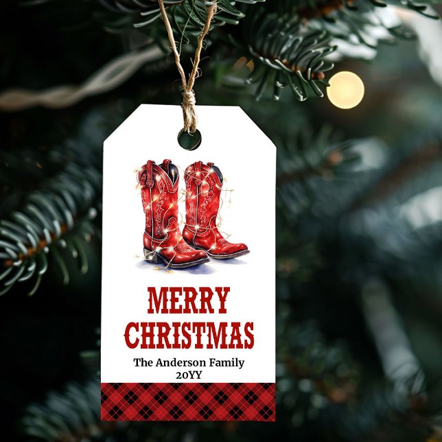 Röda västerländska stövlar festlig julpresenttagg presentetikett (Red western boots festive Christmas gift tag)