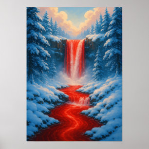 Röda vattenfall i Winter Snö Fantasy liggande Poster