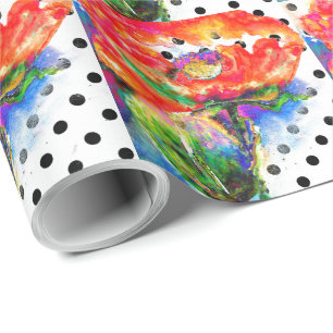 Röda vattenfärgade blommigtar svarta och vita polk presentpapper