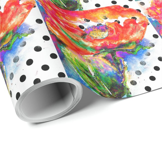 Röda vattenfärgade blommigtar svarta och vita polk presentpapper (Rullad Hörn)