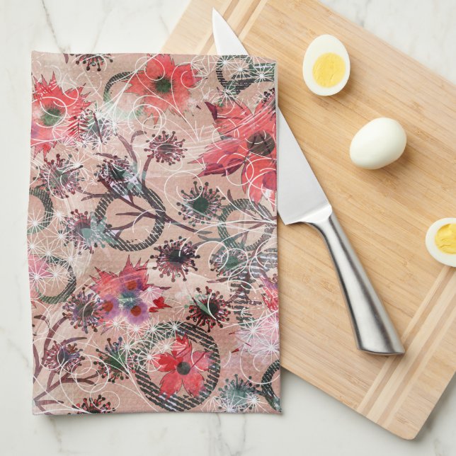 Röda vattenfärgblommor på beige. kökshandduk (Vikt i Fjärdedel)