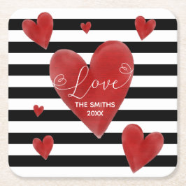 Röda vattenfärghjärtor & randar underlägg papper kvadrat