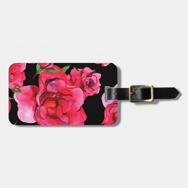 Röda vattenfärgro och grönska på svart bagagebricka (Horisontell Framsida)