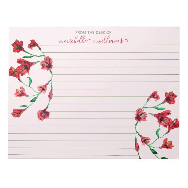 Röda vattenfärgsblommor Lintrad Personlig Anteckningsblock (Framsida)