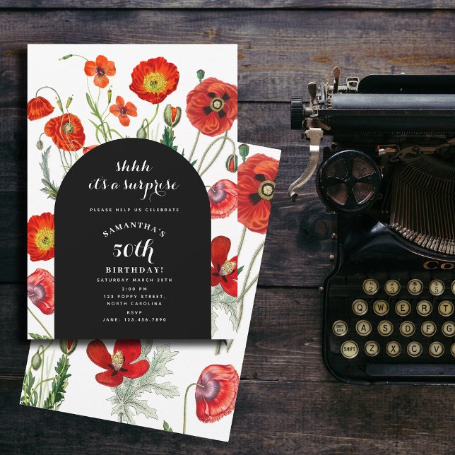 Röda vattenfärgspopies Blommigtar Surprise Birthda Inbjudningar (Red Watercolor Poppies Florals Surprise Birthday Invitation)