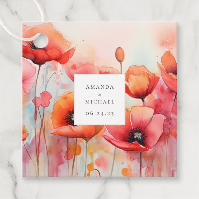 Röda vattenfärgspopies i Fält Bröllop Gåvor Etiketter (Framsida)