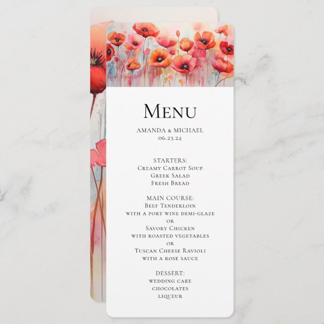 Röda vattenfärgspopies i Fält Bröllop Inbjudningar (Fram/baksida)