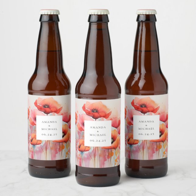 Röda vattenfärgspopies i Fält - Bröllop Ölflaska Etikett (Flaskor)