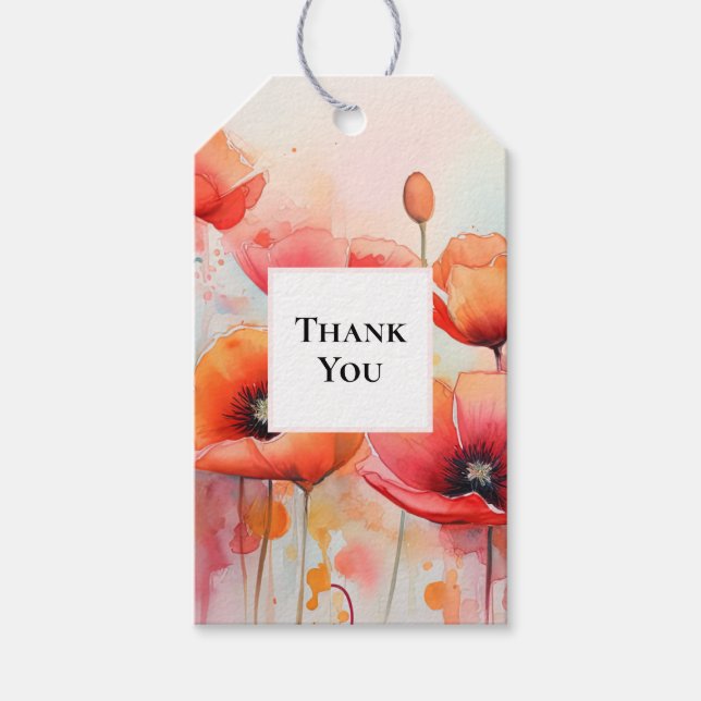 Röda vattenfärgspopies i Fält i Tack Presentetikett (Framsidan)