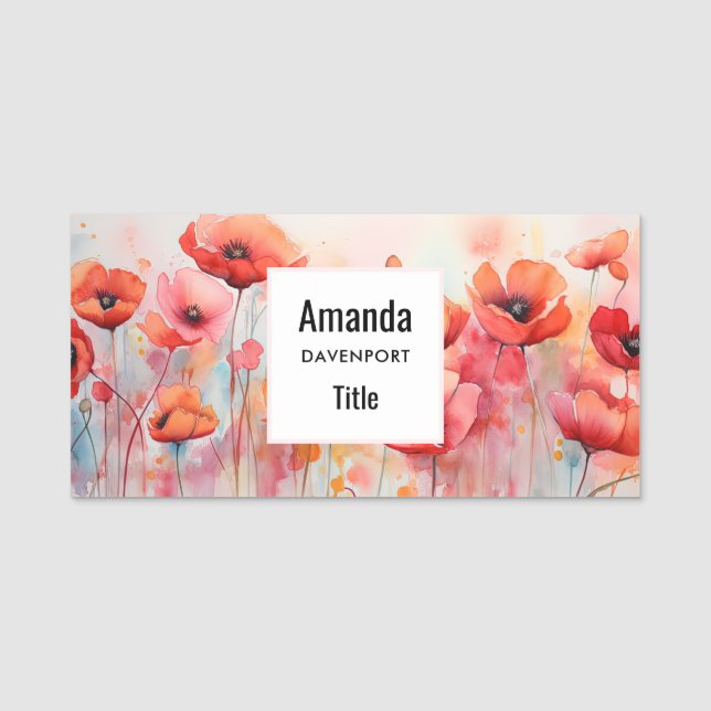Röda vattenfärgspopies i Fält Namnbricka (Framsida)