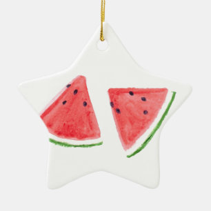 Röda vattenmeloner frukt, vattenfärgat livsmedel v julgransprydnad keramik