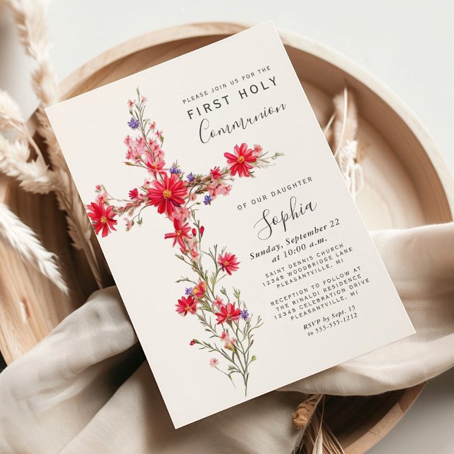 Röda vildblommor Blommig kors Första kommunion Inbjudningar (Skapare uppladdad)