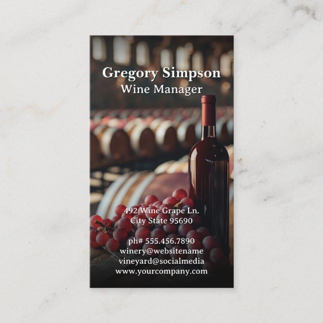 Röda Vin Flaska och druvor | Vin Barrels Visitkort (Framsida)