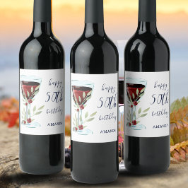 Röda Vin-glaset Ro Watercolor 50:e födelsedagen Vinflaska Etikett