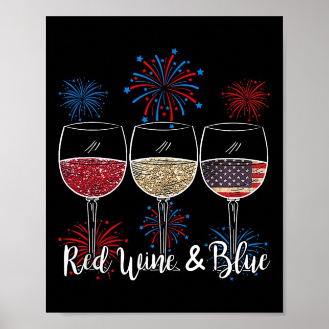 Röda Vin och blå 4 juli Vin Rött vitt blått Poster (Framsidan)