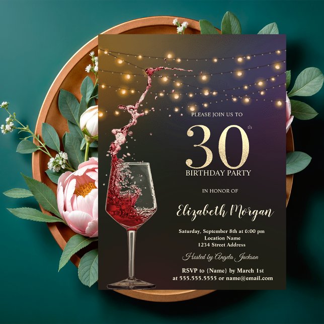 Röda Vin Strängljus 30-års Födelsedagsfest Inbjudningar (Skapare uppladdad)