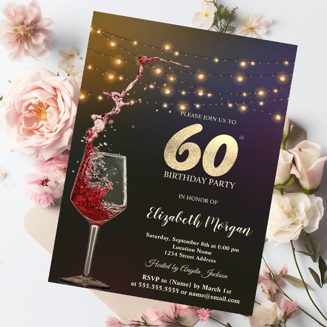 Röda Vin Strängljus 60-års Födelsedagsfest Inbjudningar (Skapare uppladdad)