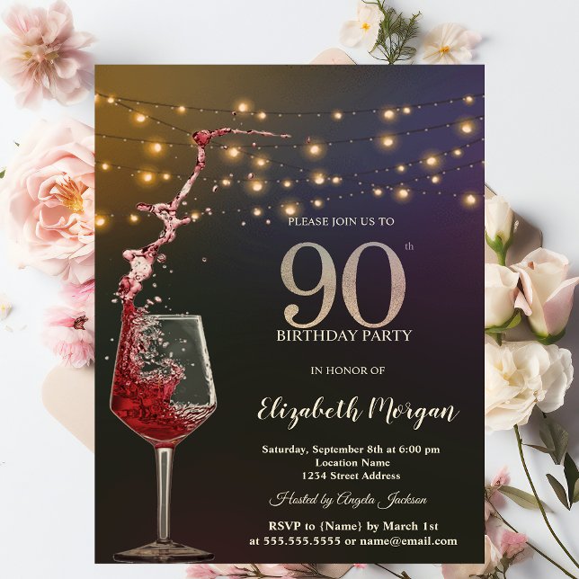Röda Vin Strängljus 90-års Födelsedagsfest Inbjudningar (Skapare uppladdad)
