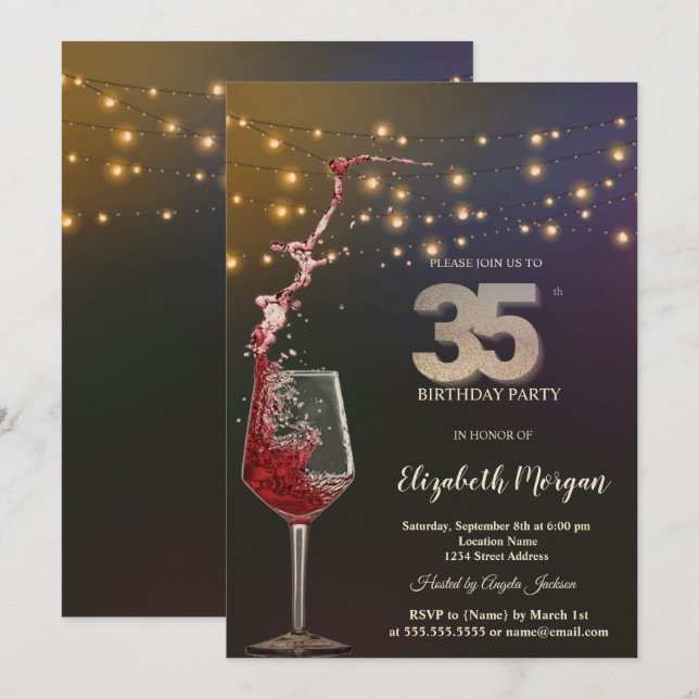 Röda vinsträngljus 35-årsfest inbjudningar (Fram/baksida)