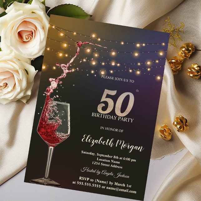 Röda Vinsträngljus 50-års Födelsedagsfest Inbjudningar (Skapare uppladdad)
