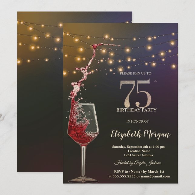 Röda vinsträngljus 75-årsfest inbjudningar (Fram/baksida)