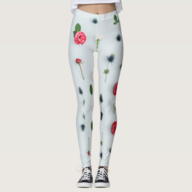 Röda & Vit ros och Blåa blommor Mönster Leggings (Framsida)