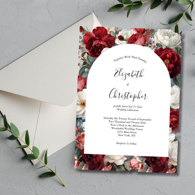 Röda Vita Akvarell Blommor Eleganta Inbjudningar (Red White Floral Wedding Invitation. Elegant and Modern. Arch Shape)