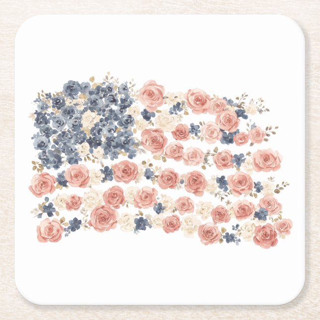 Röda Vita Blå Blommor Underlägg Papper Kvadrat (Framsidan)
