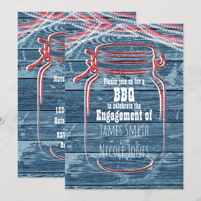 Röda Vita & Blå Mason Jar Rustika Inbjudningar (Fram/baksida)