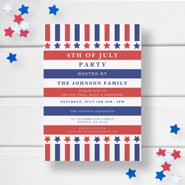 Röda Vita Blå Stjärnor Och Ränder 4:e Juli Fest Inbjudningar (Patriotic Red White Blue Balloon 4th Of July Party Invitation)