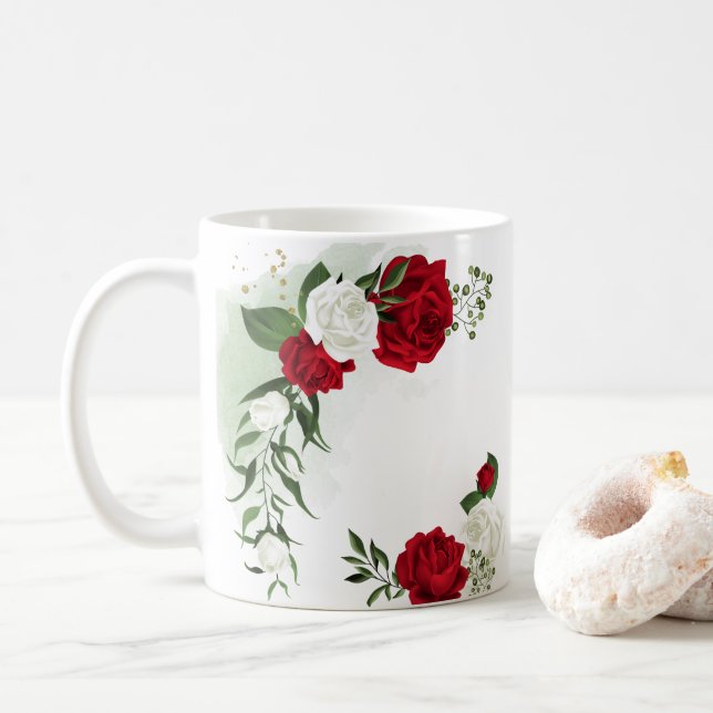 Röda & vita blommor grönska botanisk kaffemugg (Med munk)