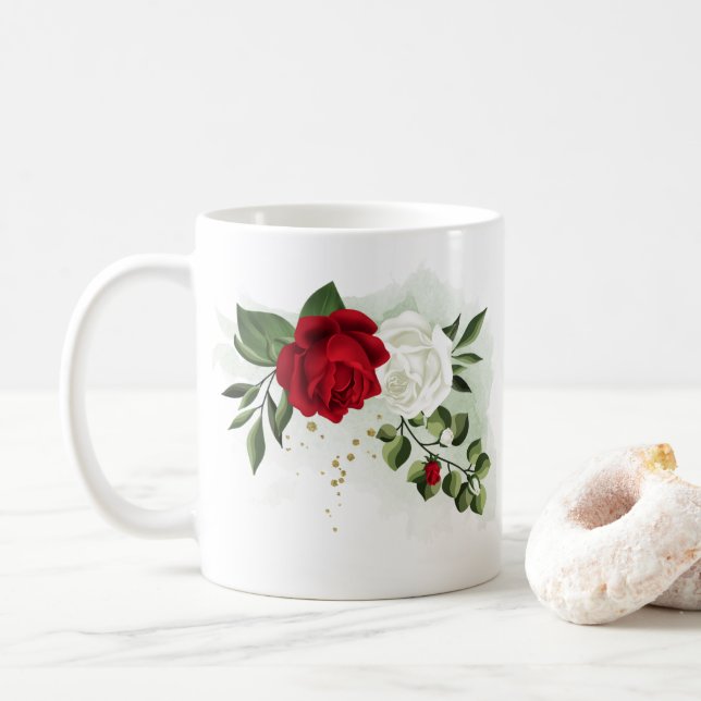 Röda & vita blommor grönska botanisk kaffemugg (Med munk)