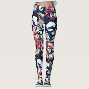 Röda, vita blommor på blå. leggings