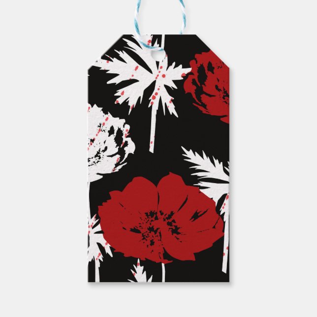 Röda, vita blommor på svart presentetikett (Framsidan)
